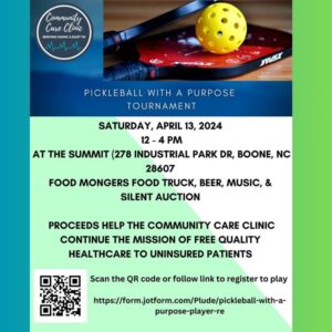 Flyer showing the details around the Pickleball With A Purpose Tournament Saturday, April 13, 2024 from 12-4pm.