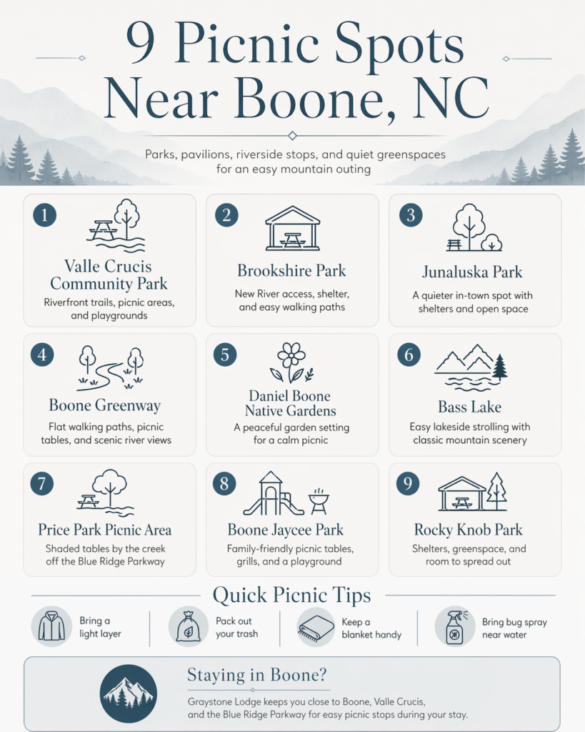 Parks, Pavilions, & Hidden Greenspaces: 9 Picnic Spots Near Boone, NC Infographic - Graystone Lodge