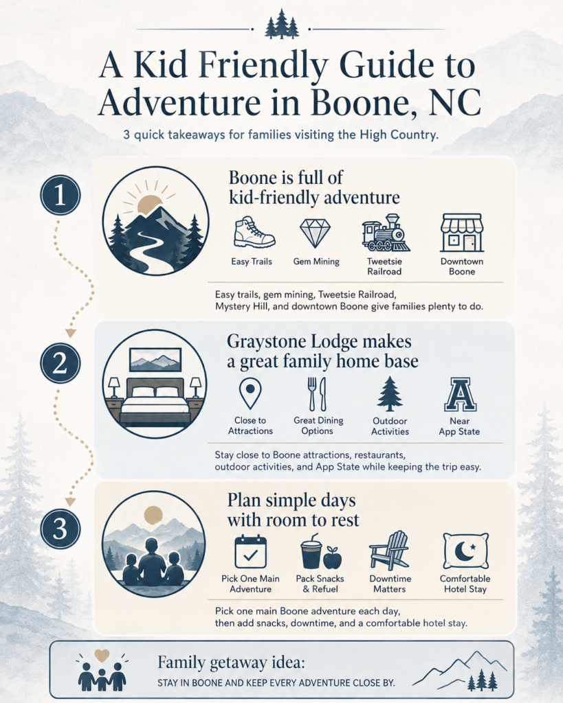 A Kid Friendly Guide to Adventure in Boone, NC Infographic | Graystone Lodge in Boone, NC