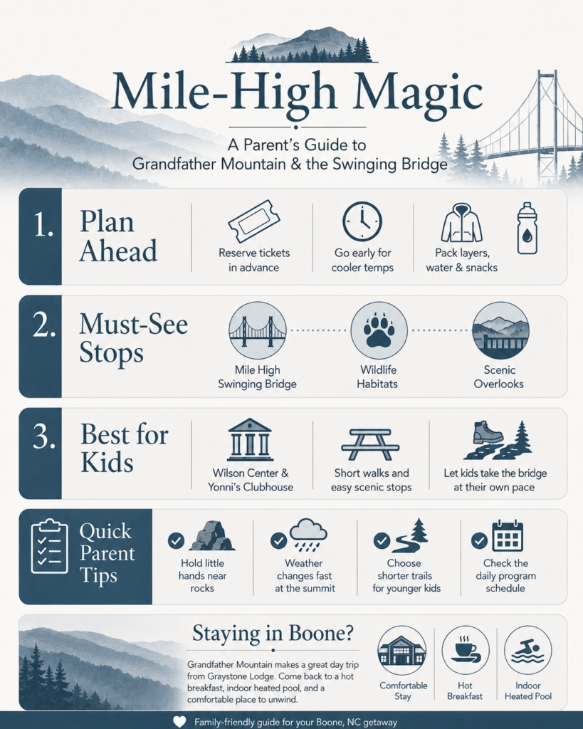 Mile-High Magic: A Parent’s Guide to Grandfather Mountain and the Swinging Bridge Infographic | Graystone Lodge in Boone, NC