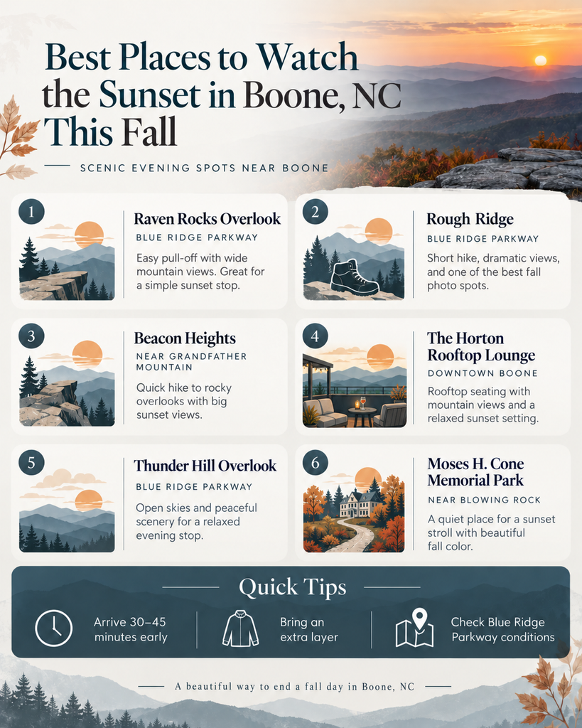 Best Places to Watch the Sunset in Boone, NC This Fall infographic | Graystone Lodge