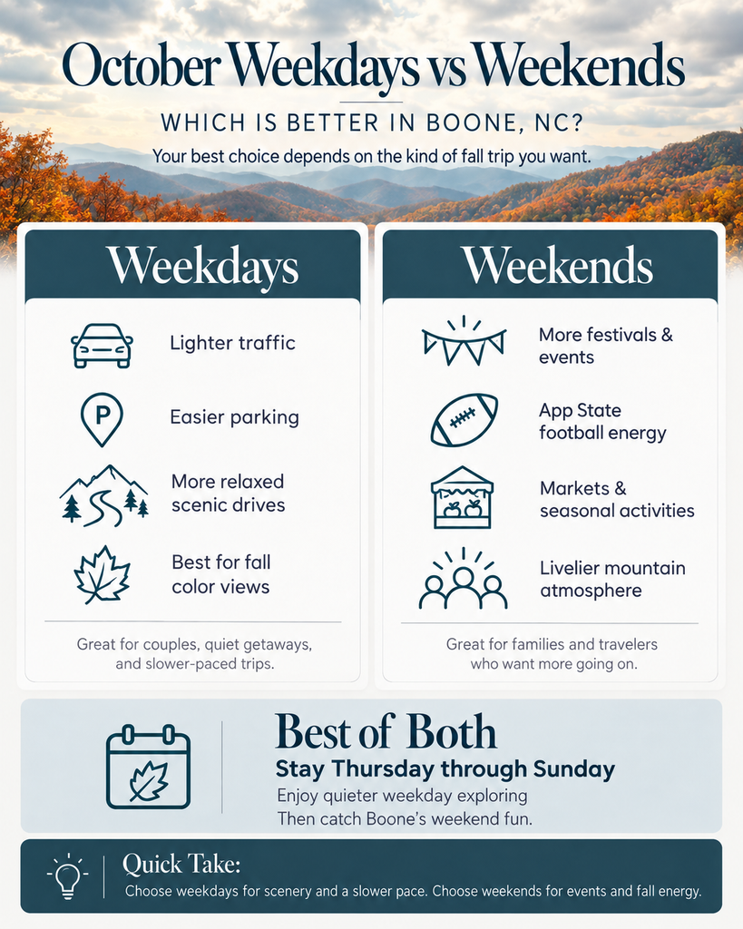 October Weekdays vs Weekends: Which is Better in Boone, NC? infographic | Graystone Lodge